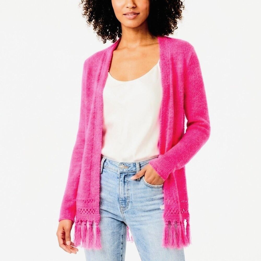 LILLY PULITZER Cardigan Hot Pink Open-Front Design with Fringe Trim Women XS